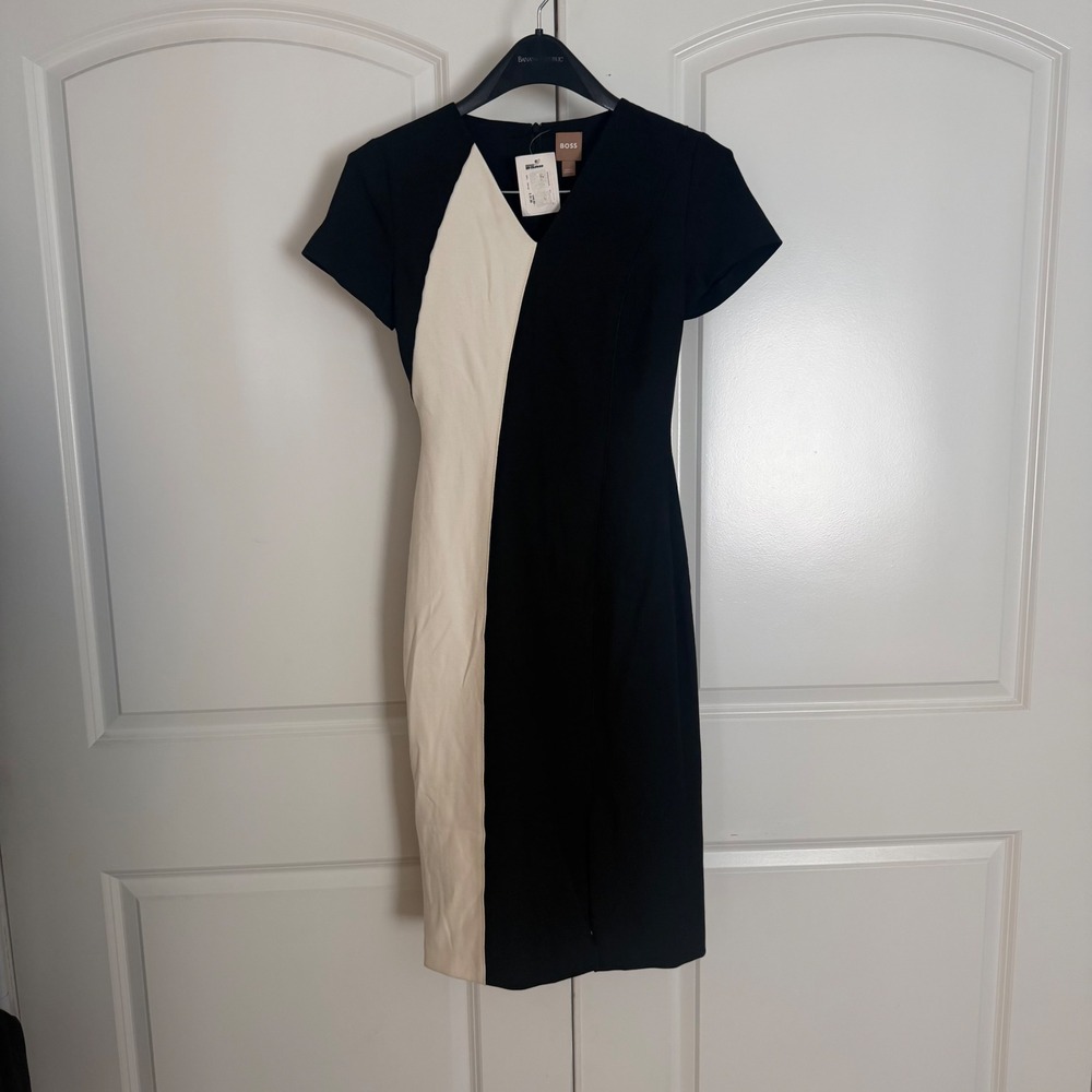 Hugo Boss Women Black Cream Colorblock Sheath Dress V-Neck Size 0 NEW